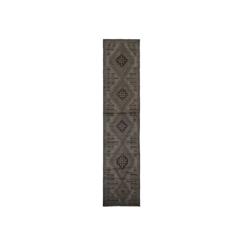 2'9"x12'8" Brown Washed Out Afghan Balooch Wool Hand Knotted Runner Rug G87963