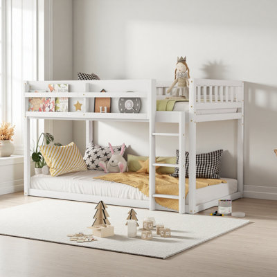 Low Bunk Bed, Floor Bunk Bed With Ladder, Solid Wood Construction For Kids And Juniors