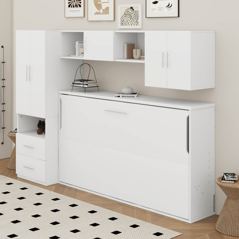 Lit escamotable simple avec tiroirs, tablettes, armoire encastrée et table