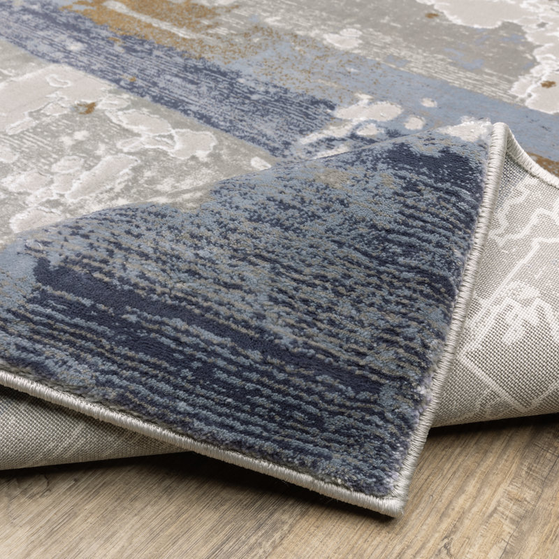 Abstract Machine Made Area Rug in Blue and Gray, Runner 2'3" x 7'6"