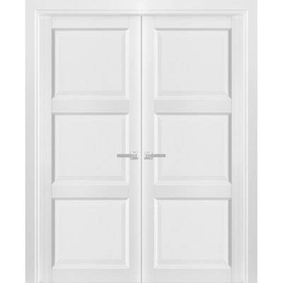 Portes françaises à double panneau pleines avec quincaillerie Lucia 2661 Panneau en soie blanche Cadre Garnitures Intérieur de salle de bain et chambre Porte robuste 64" x 96" (2* 32x96)