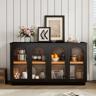 4-Door Large Storage Buffet Cabinet With Glass Doors, Arched Cabinet With Adjustable Shelves For Kitchen, Dining Room And Living Room (Black)