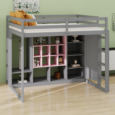 Lit mezzanine peu encombrant avec garde-robe intégré, tablettes et armoire de rangement