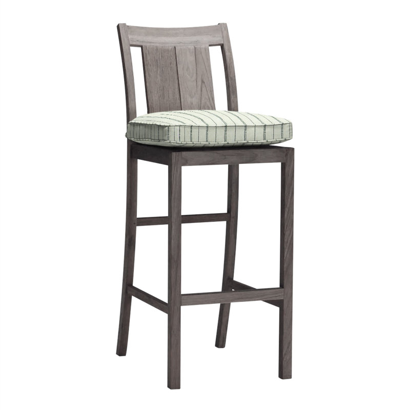 Croquet 24.5" Patio Bar Stool with Cushion, Rollo Chambray InsideOut® Linen, Welt, Oyster Teak