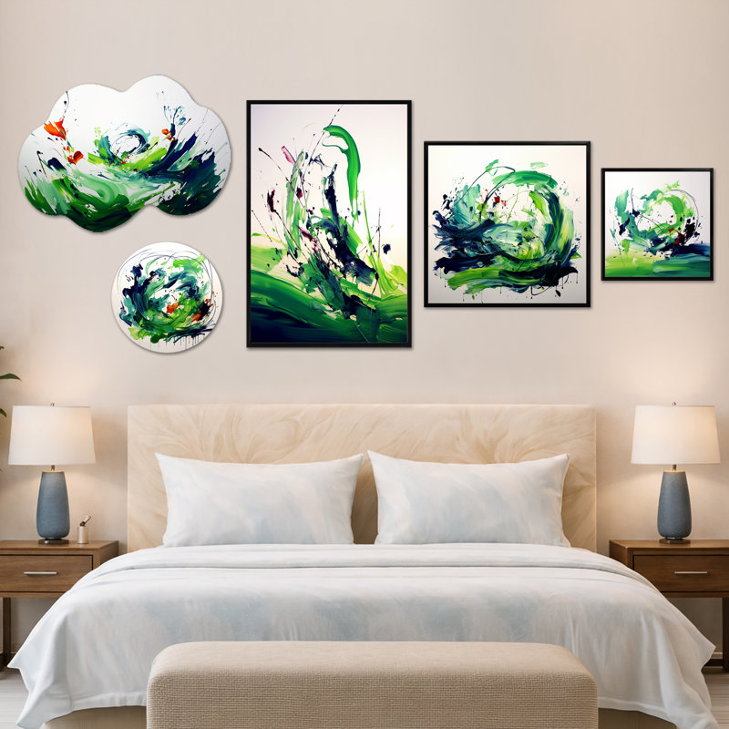 «Green & White Ink Expression IV», ensemble de 5 toiles encadrées abstraites, en métal et en toile (100 po x 40 po)