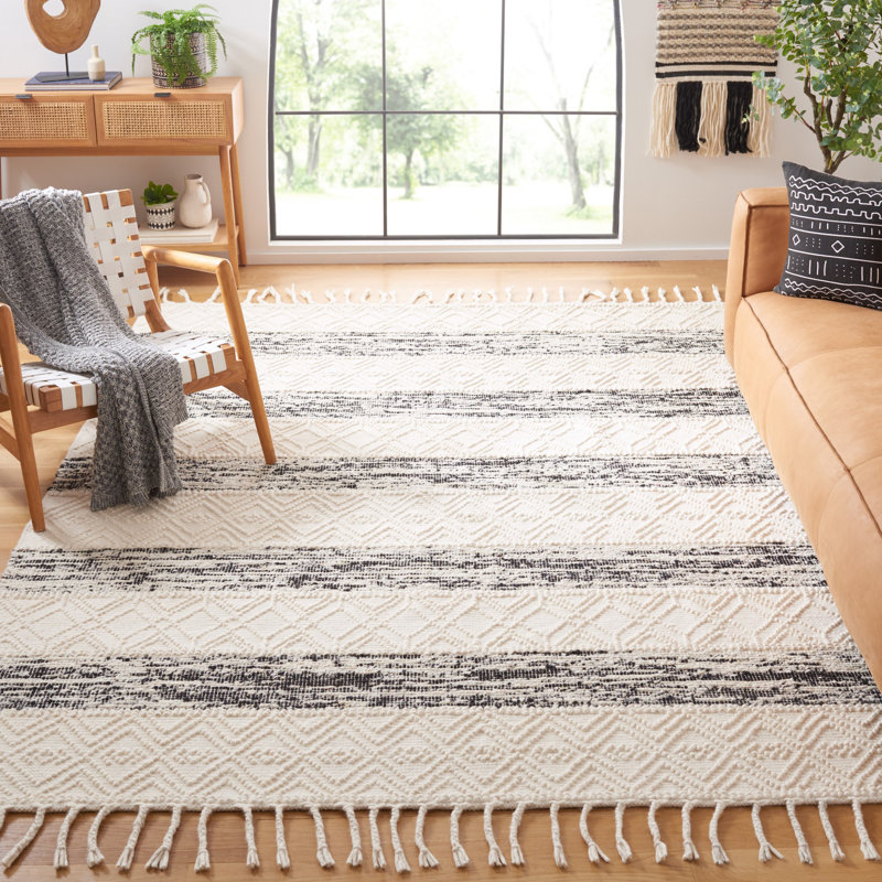 Archie-John Hand Woven Wool/Cotton Striped Rug in Black/Ivory, Rectangle 8' x 10'
