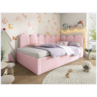 Lit double rembourré avec lit gigogne, canapé-lit en velours avec cadre à lattes métalliques, rose (matelas non inclus)