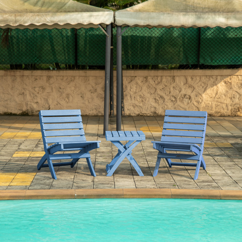Grandcourt Fully Assembled All-Weather Outdoor Folding Patio Chair and Table 3 Piece Set, Pacific Blue