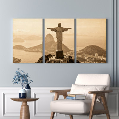 Christ the Redeemer Sepia Tone Canvas Wrapped Wall Art Oil Painting Print Set of 3