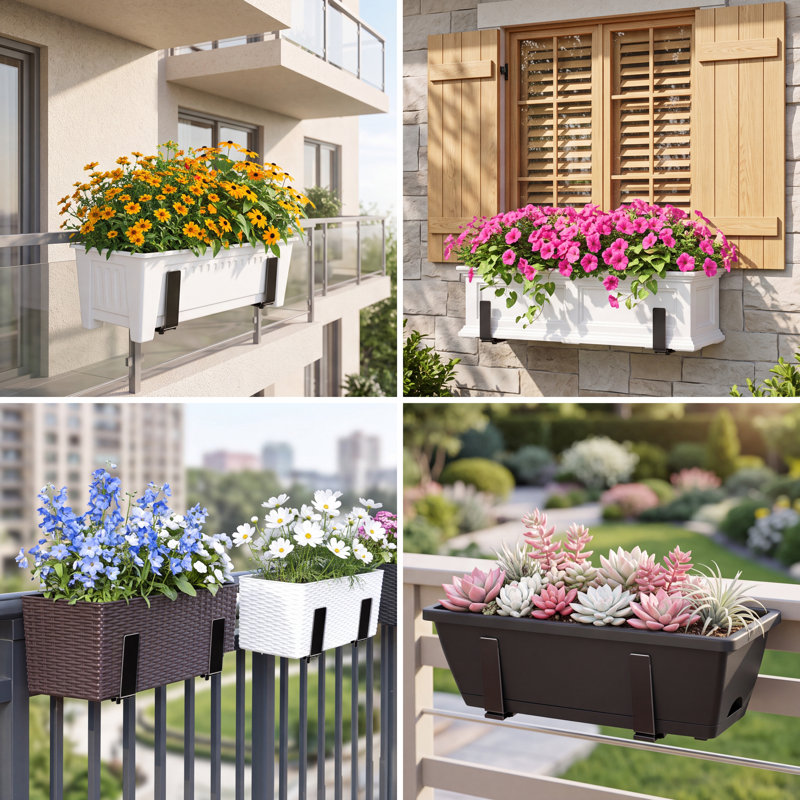 Lot de 4 supports réglables pour jardinières de balcon, fixations en fer noir pour terrasse et clôture, double système d'installation, compatibles avec les rails de 15 à 32 cm de large, clips de support robustes pour pots de fleurs et jardinières de fenêtre.