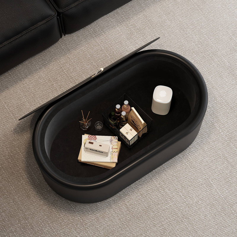 Table basse ovale cachée avec rangement - plateau en verre trempé certifié 3C et cuir recouvert de cuir de qualité supérieure, table basse moderne pour le salon