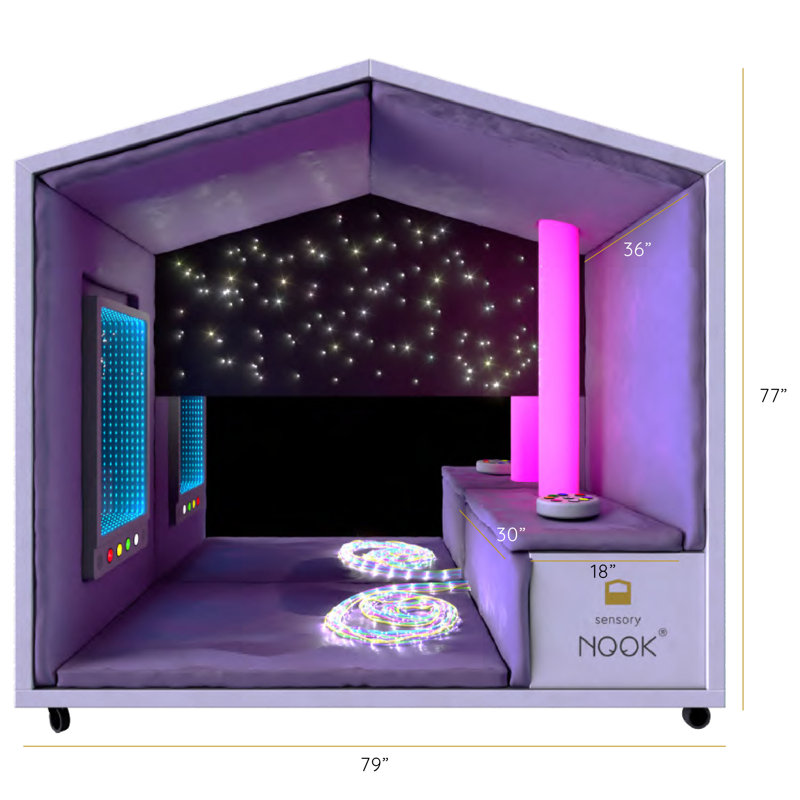 Nook   Interactive Sensory Pod for Active Stimulation with Bench, LED Light Tube, Wireless Controller, Interactive Wall Panel, UV Fiber Optic Strands, Mirror Panel, Seats 1-2, Office, Home, Classroom