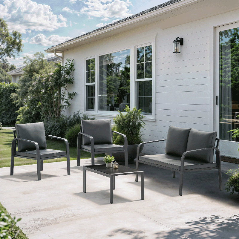 Ensemble de mobilier de patio, ensemble de conversation pour patio 4 pièces avec table basse et coussins pour balcon près de la piscine