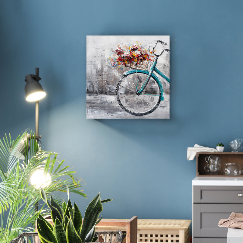 Vélo bleu avec fleurs - peinture sur toile tendue, H 20 po x l 20 po x P 1,5 po