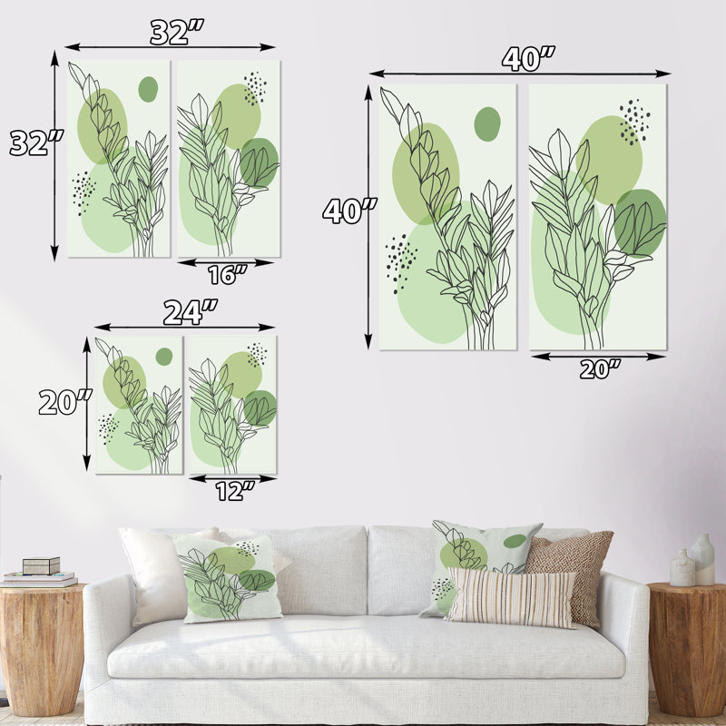Ensemble de 2 peintures - feuilles botaniques abstraites vertes II, Toile tendue, H 40 po x l 40 po x P 1,5 po