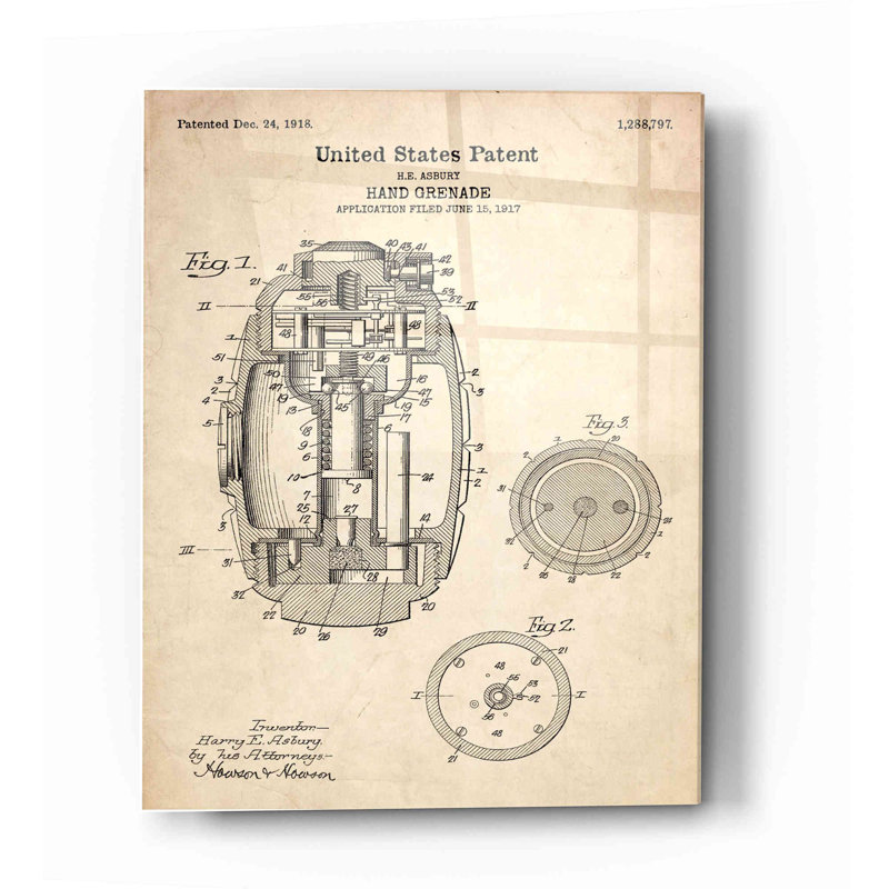 " Hand Grenade Patent Parchment ", 16" H x 12" W x 0.12" D