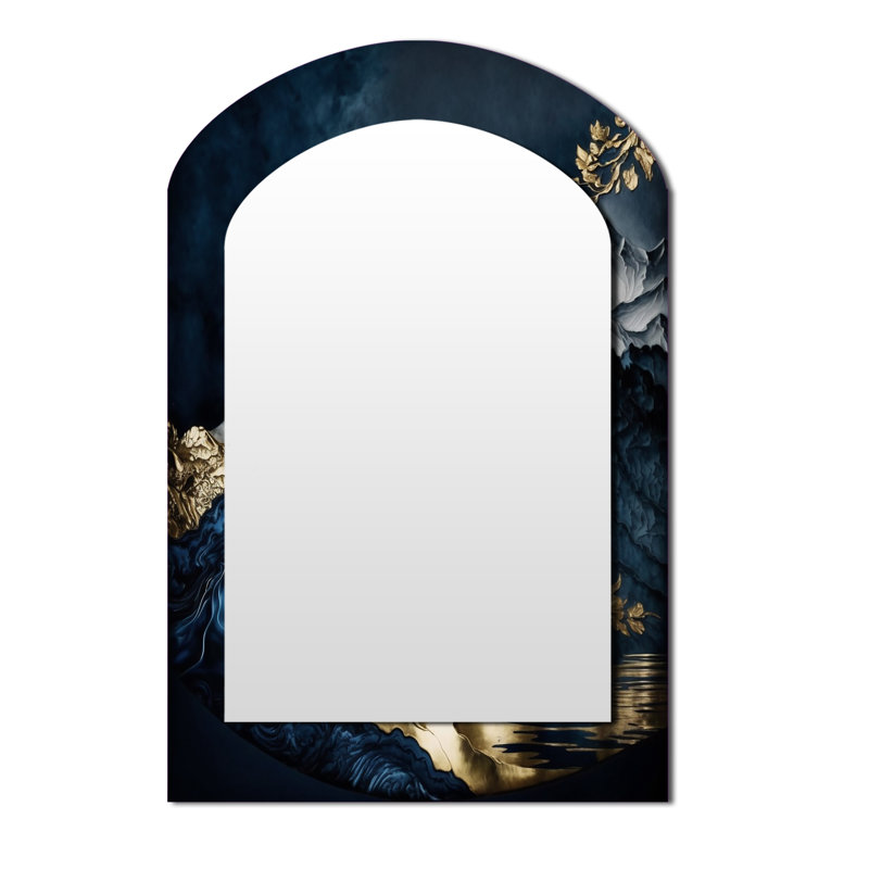 Gold Frosted River And Mountain I - Forest River Mountains Arch Unique Wall Mirror, Traditional Asymmetrical Mirror, Printed Metal Art
