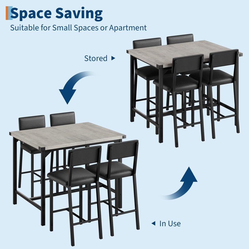 Dining Table Set, Counter Height Table With 4 Upholstered Bar Stools, Black, Gray