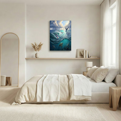 Art mural sur toile Windsurfer and Breaching Whale in Turquoise Ocean