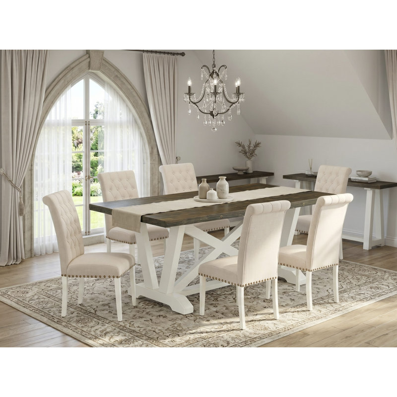 L'ensemble de table de salle à manger 5 pièces comprend une table en bois jacobine vieilli et 4 chaises de cuisine en lin beige clair avec dossier capitonné - Lin brossé blanc