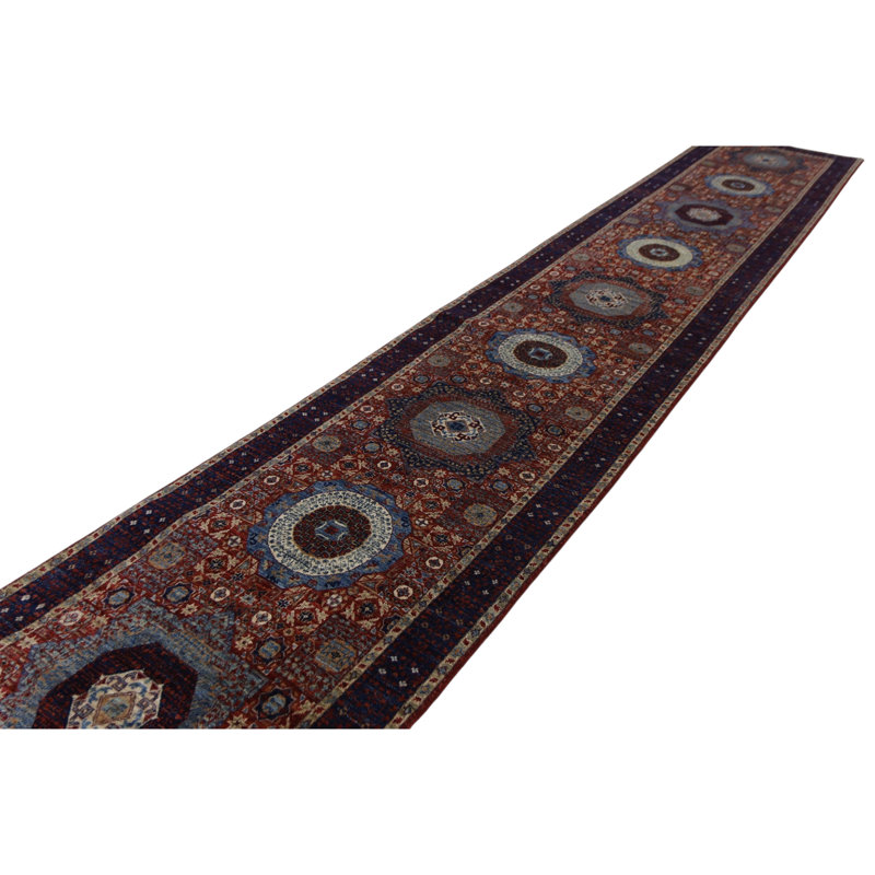 Hand Knotted Wool Area Rug in Red And Navy
