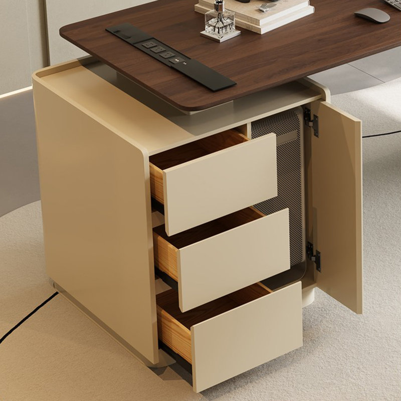 Bureau rectangulaire en bois manufacturé brun noisette + beige, Orienté à gauche (vu de face)