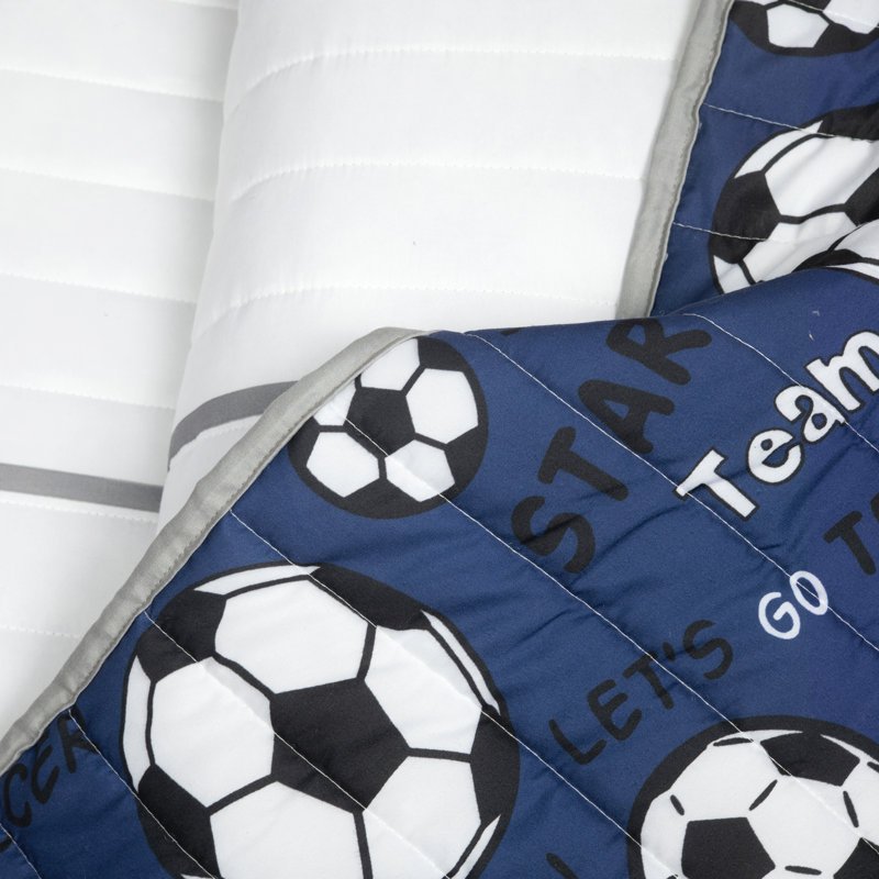 White and Navy Reversible Soccer Twin Microfiber Quilt Set