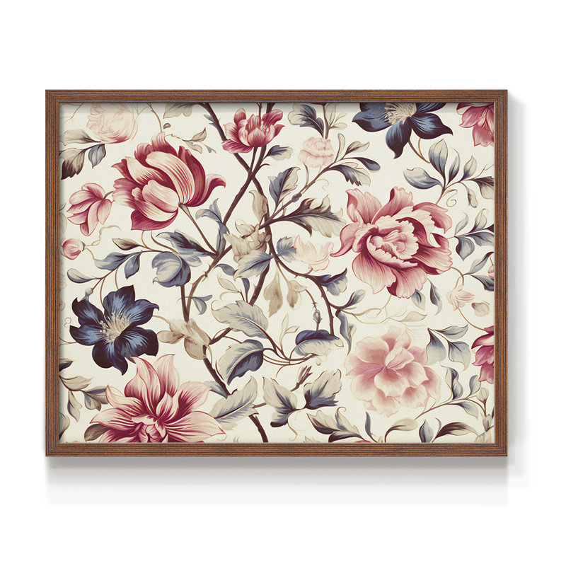 Motif floral rétro - XLI - reproduction encadrée, H 16 po x l 20 po, Noyer