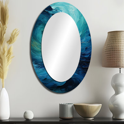 Turquoise bleu et blanc Serenity Swirl II - grand miroir mural ovale sur métal