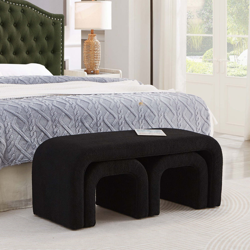 Black U-Shaped 3 Piece Teddy Ottoman Combo, Multi-Size Combined Bench Stool For Home Rest & Extra Guest Seats, Black