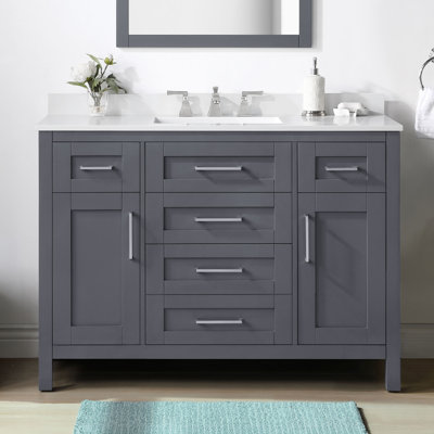 Meuble-lavabo autoportant gris anthracite de 48 po Tahoe, pierre d'ingénierie, dosseret, quincaillerie en nickel brossé