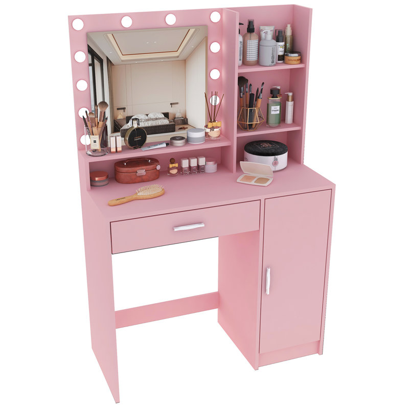 Bureau de coiffeuse avec miroir et lumière, commode de rangement à trois niveaux avec grand tiroir, 3 modes d'éclairage à luminosité réglable, coiffeuse de chambre à coucher (rose)