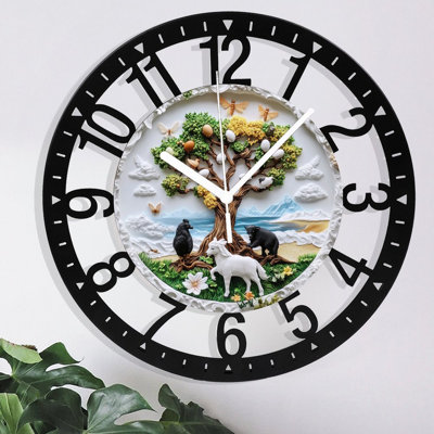 Metal Wall Clock for Living Room -10" Tree Of Life With Animals And Eggs Silent Non Ticking,Battery Operated, Antique Clocks for Farmhouse,Bedroom,Kitchen - Arabic Numerals