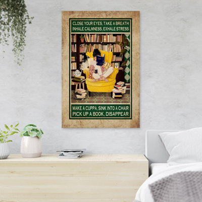 Fille lisant des livres sur Sofar - «Close Your Eyes Take A Breath», reproduction d'art graphique sur toile tendue