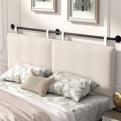 King Size Wall Mounted Upholstered Headboard With Button Tufting & Adjustable Height – Beige Linen