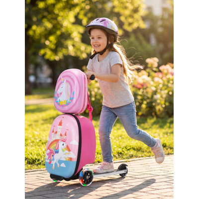 Kids Scooter Luggage With Backpack 2-In-1 Set, 30L Ride-On Suitcase + 10L Backpack, Durable Eva Material, Lightweight Foldable, Wheels For Girls Aged 4-8, Unicorn Design