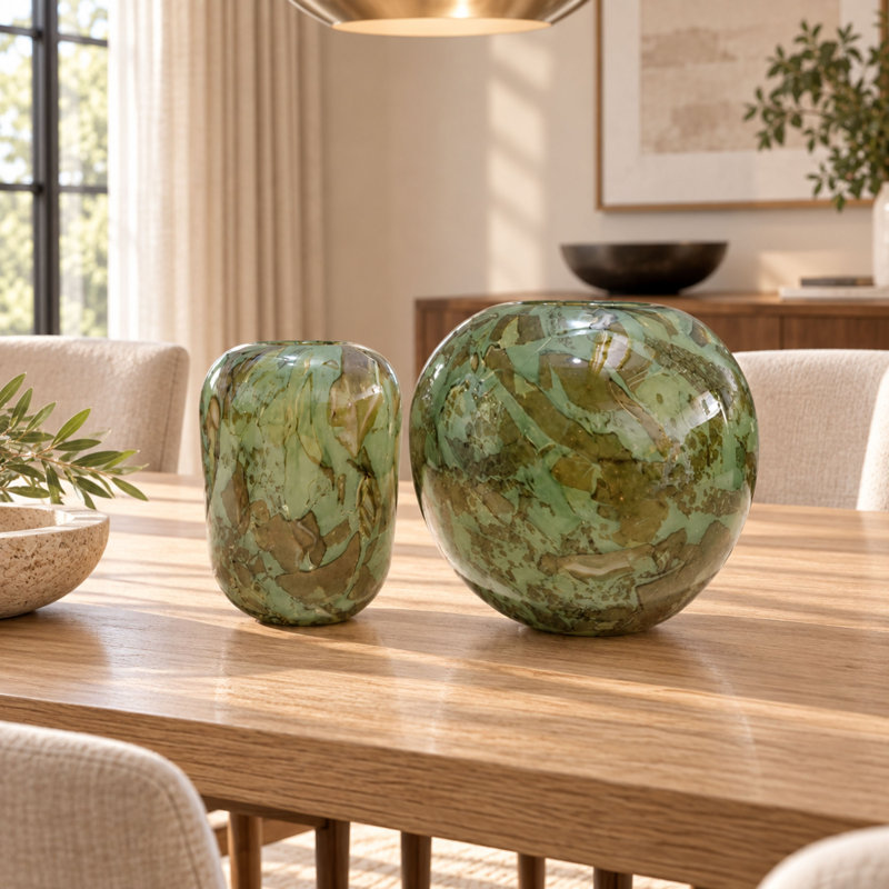 Set of 2 Handblown Glass Table Vases, Sea Green with Light Brown Abstract Design