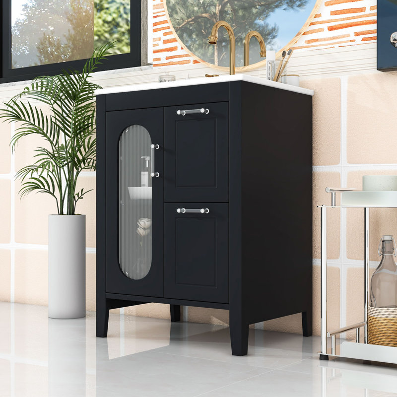 Meuble-lavabo 24 po avec lavabo en céramique, 2 tiroirs et rangement, Noir