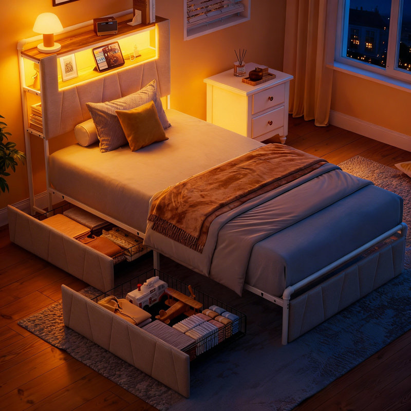 Structure de lit simple avec tête de lit à 2 niveaux, base de lit plateforme en métal avec 2 tiroirs de rangement, station de charge intégrée et DEL, beige