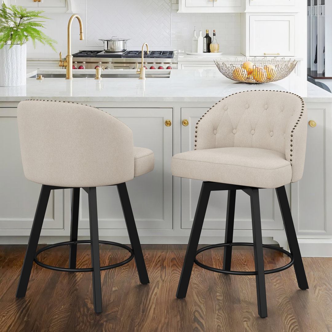 Elyana Counter Height Bar Stools Set Of 2, Swivel Bar Stool With Back, Linen Counter Stool, Metal Legs, Retro Upholstered Barstools For Kitchen Island, Home Bar, Pub (Set of 2) Wildon Home® 