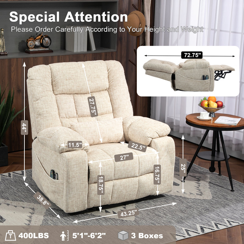 4-Motor Chenille Power Lift Chair Lay Flat Recliner with Head&Lumbar support, 400LBS, Cream
