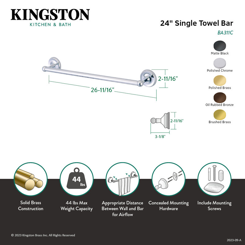 Barre à serviettes classique en laiton Kingston, Noir mat