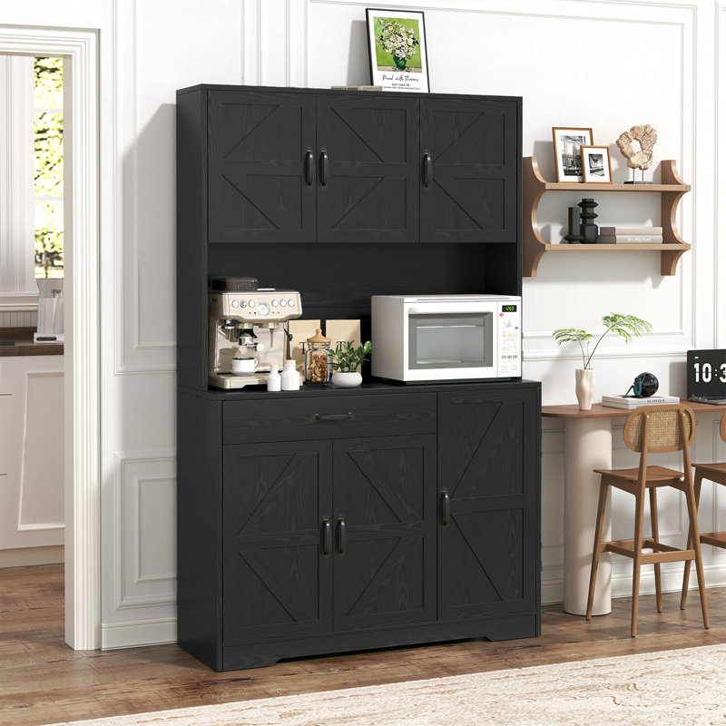 Garde-manger grande capacité 71 po avec station de charge, support pour micro-ondes et tablettes réglables 71 po, Noir