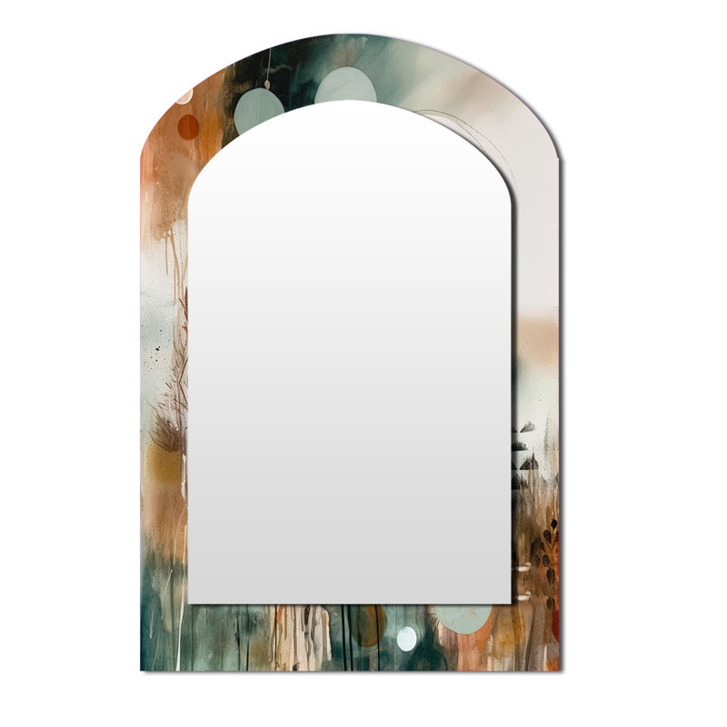 Vert et brun artistique Libération I - miroir mural décoratif asymétrique plume Boho, miroir arqué traditionnel, impression sur métal