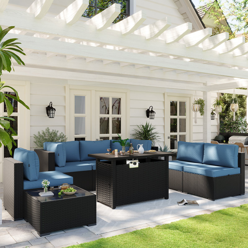 Caradog Wicker 6 - Person Patio Conversation Sets with Cushions, Coffee Table and 44" Fire Pit Table