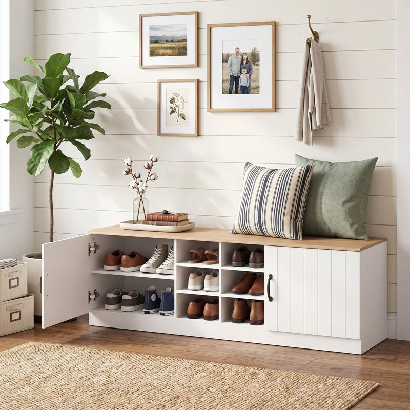 2-Door Padded Shoe Storage Bench Cabinet, Adjustable Removable Shelves & Anti-Tip Design, Scratch-Resistant Finish Suitable For Entryway