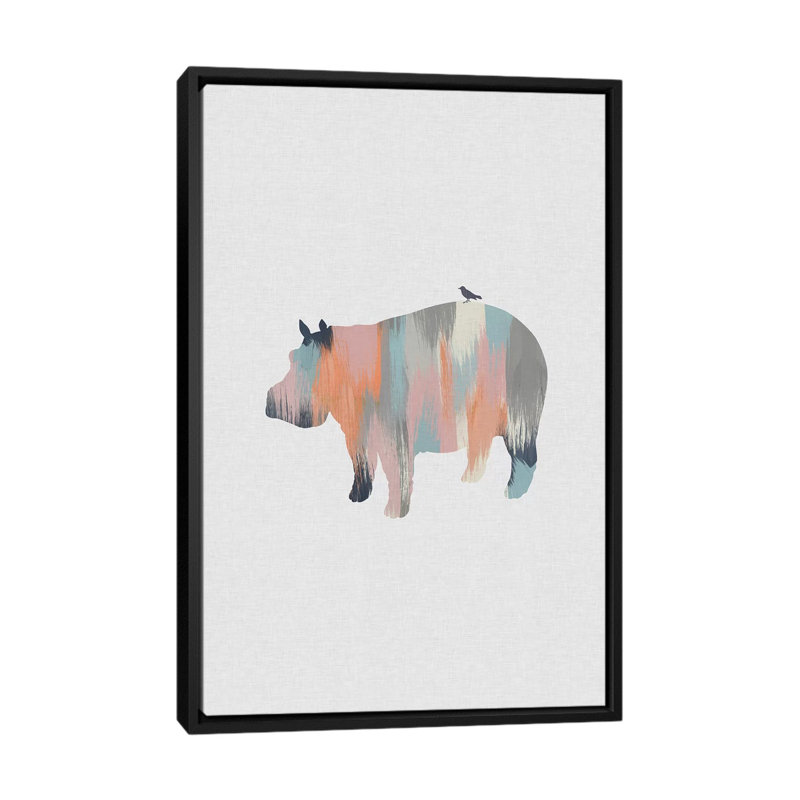 Pastel Hippo - impression d'art graphique, H 60 po x l 40po x P 1,5 po, Toile avec cadre noir