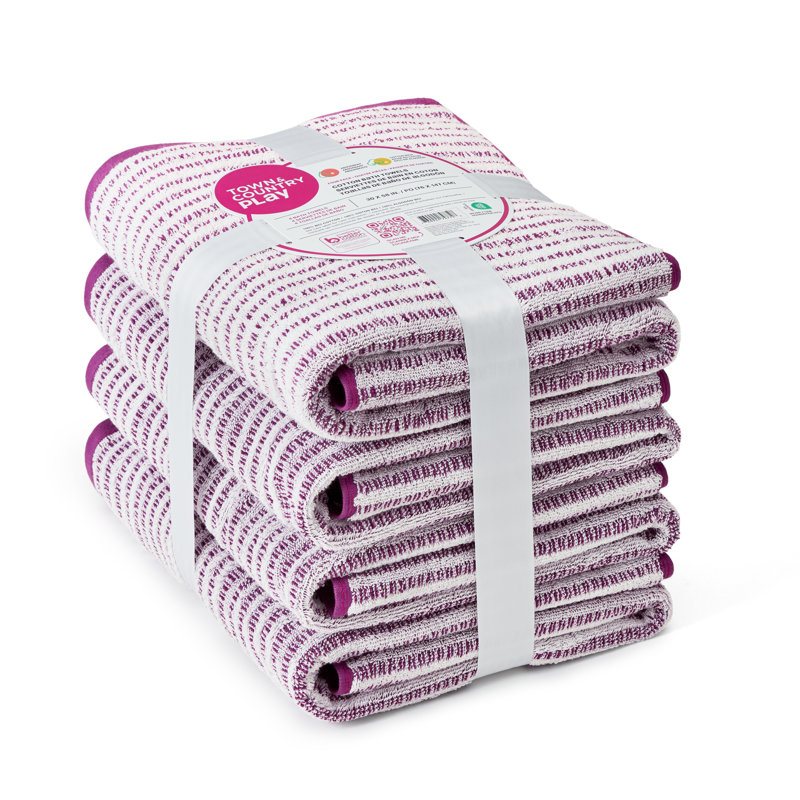 TOWN & COUNTRY PLAY 4-Piece Striped Reversible Terry Brights Bath Towel Set, 30x58-Inch, 100% BCI Cotton, Purple