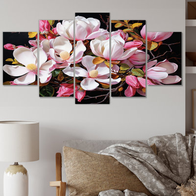 Délice de magnolia rose - décoration murale florale - 5 panneaux