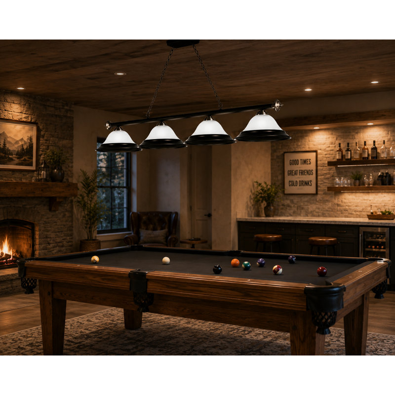 Luminaire suspendu linéaire pour table de billard 4 lumières Clermont, Noir mat / acier inoxydable